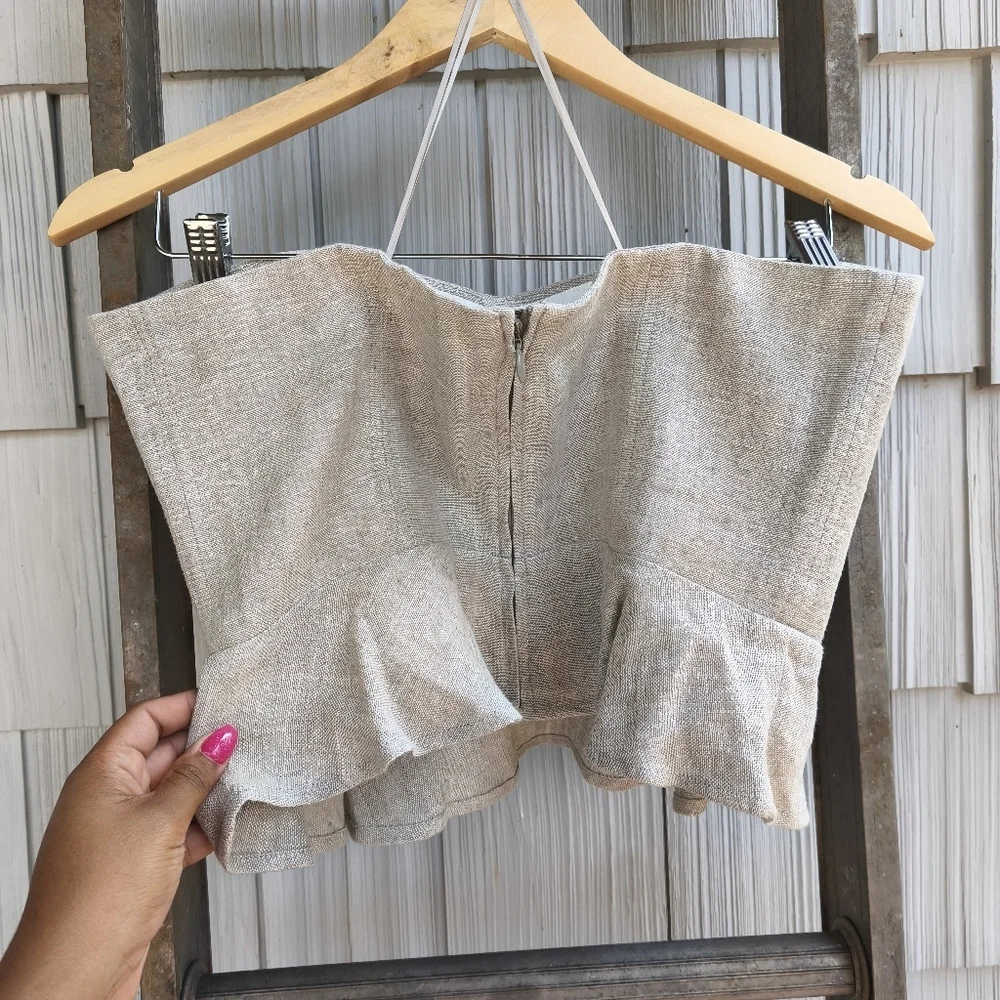 J Crew Linen Cropped Bustier Peplum Top sz 8 Natural Flax Chic Beach Quiet Luxur